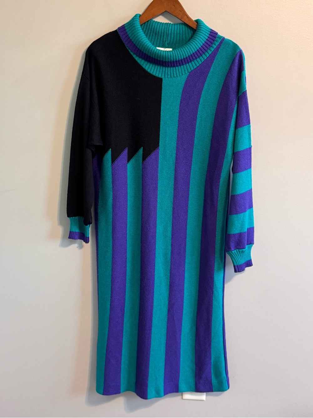 Vintage Neiman Marcus Sweater Dress Colorblock Striped Turtleneck 80s Knit